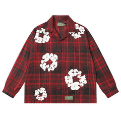 Denim Tears Red and black checkered white wreath printed loose long-sleeved shirt