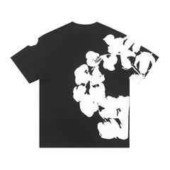 Denim Tears Black Oversized Short Sleeve T-Shirt With Asymmetrical White Floral Print