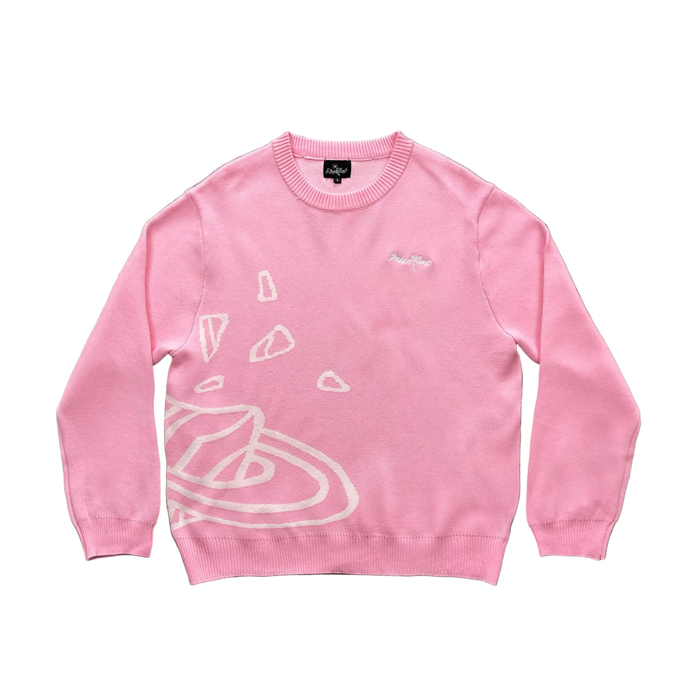 BROKEN PLANET PINK WHITE OUTLINE CRACKED PLANET CREWNECK KNIT SWEATER