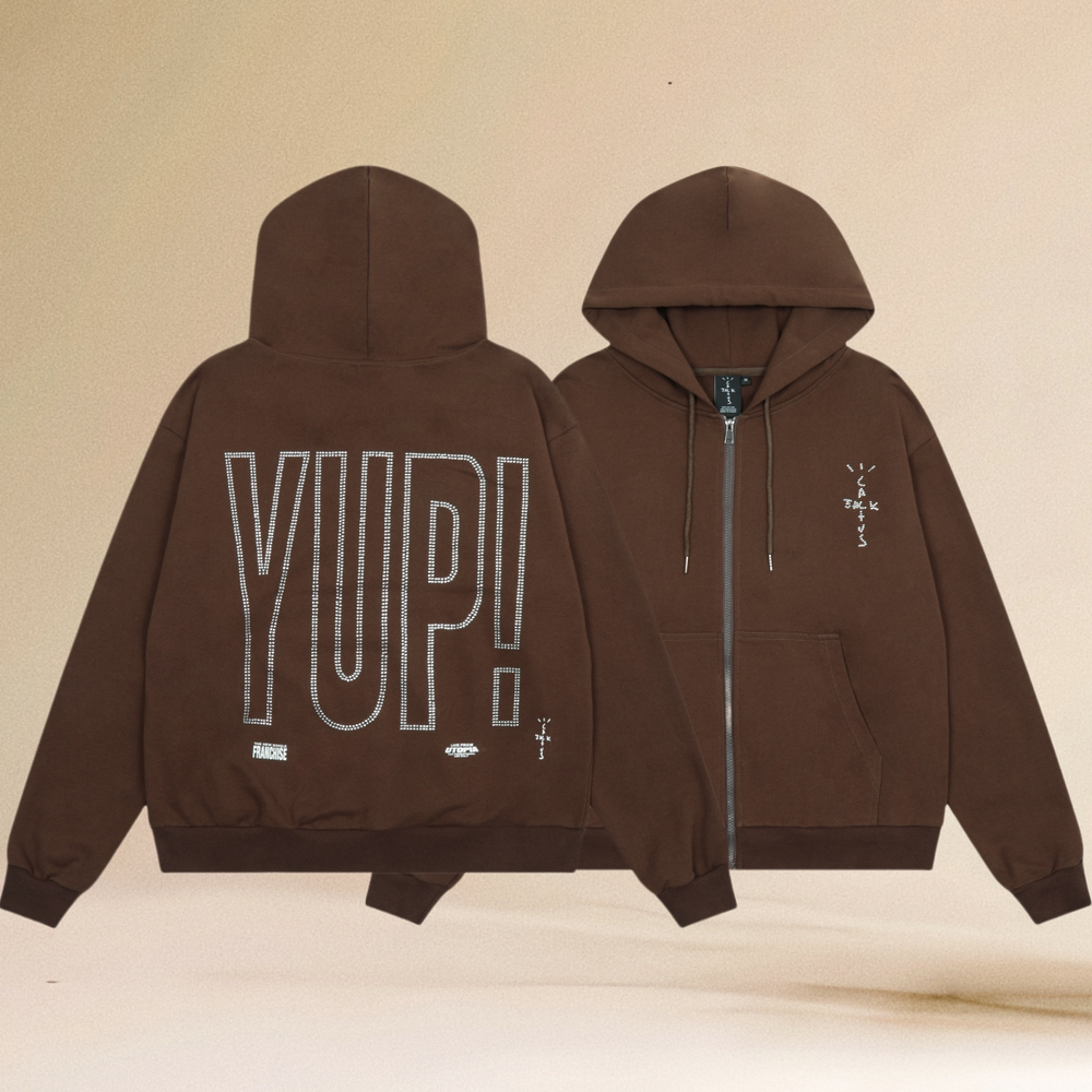 Travis Scott Yup Rhinestone Brown Full Zip Hoodie