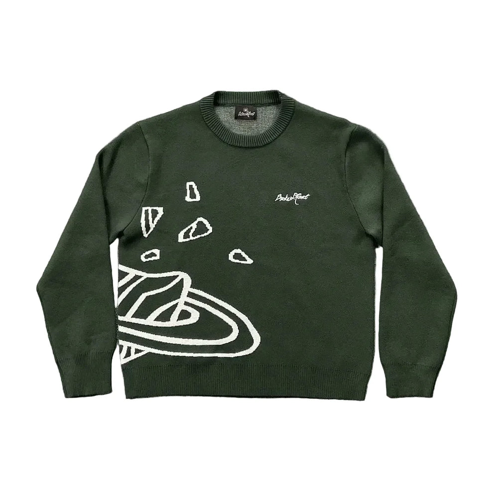 BROKEN PLANET GREEN WHITE OUTLINE CRACKED PLANET CREWNECK KNIT SWEATER