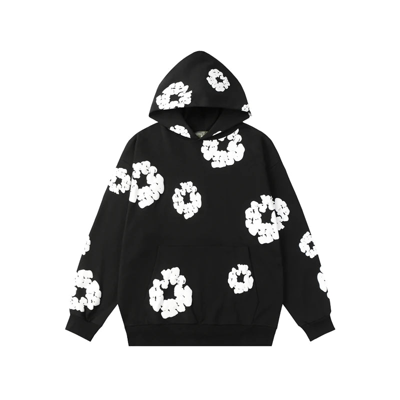 Denim Tears Black Allover White Cotton Wreath Pullover Hoodie