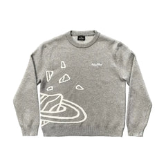 BROKEN PLANET GREY WHITE OUTLINE CRACKED PLANET CREWNECK KNIT SWEATER