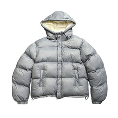 Corteiz Script Logo Grey Hooded Puffer Jacket