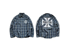 False Perception Cross Logo Printed Washed Plaid Shirt