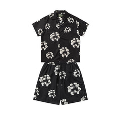 Denim Tears Black White Floral Wreath Print Camp Collar Shirt & Drawstring Shorts