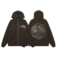 Travis Scott Antique Coin Print Brown Full Zip Hoodie