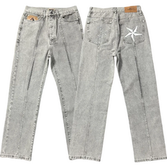 Corteiz C‑Star Embroidered Grey Washed Wide Leg Jeans