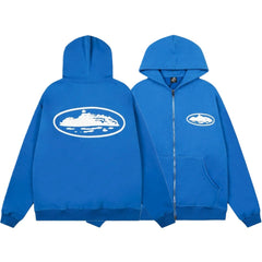 Corteiz Oval Island Logo Full‑Zip Bright Blue Hooded Jacket
