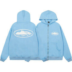Corteiz Oval Island Logo Full‑Zip Light Blue Hooded Jacket