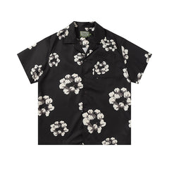 Denim Tears Black Base White Floral Wreath Print Camp Collar Short