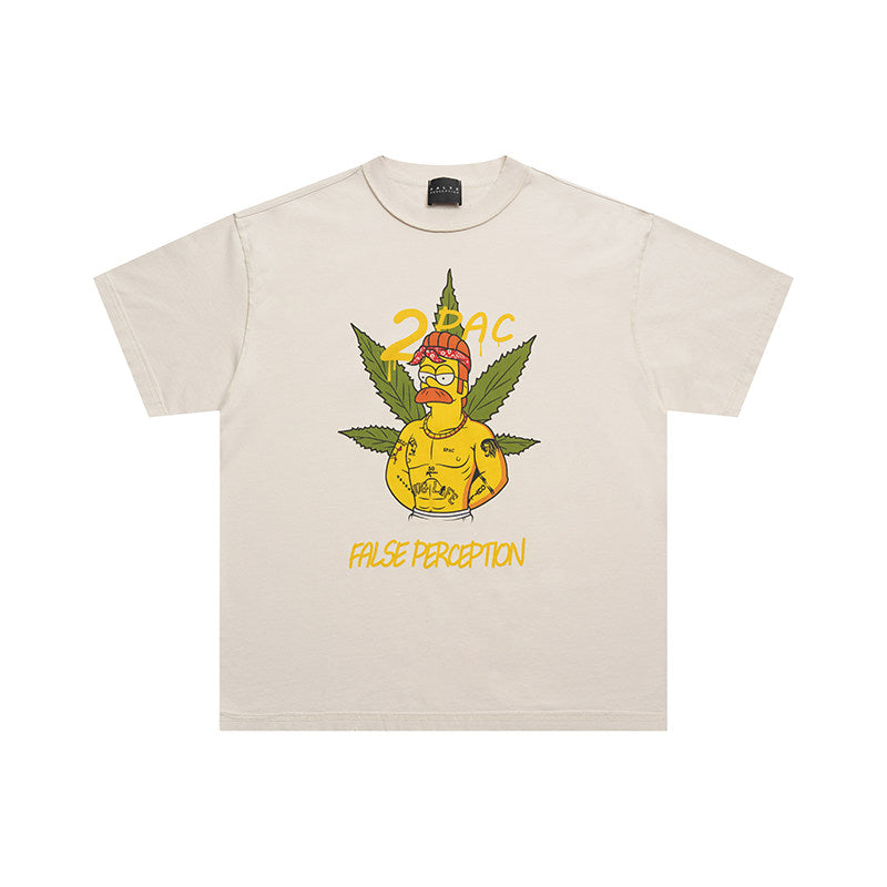 False Perception 2Pac Cartoon Graphic Vintage Washed White Tee