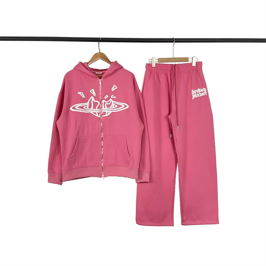 Broken Planet Cracked Planet Pink Zip Hoodie And Sweatpants Set