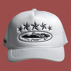 Corteiz Vintage White Trucker Hat with Black Stars and Cruise Ship Graphic