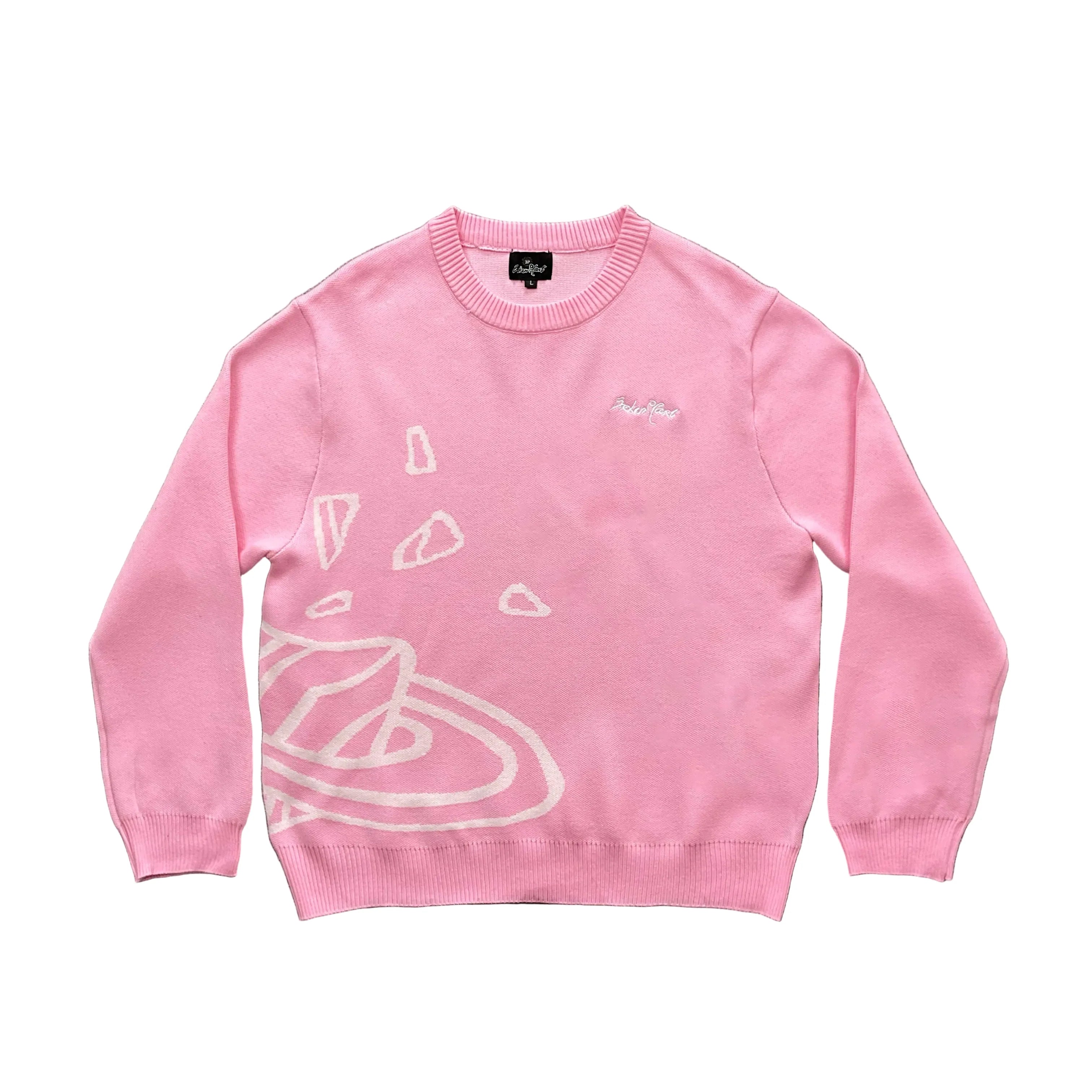 BROKEN PLANET PINK WHITE OUTLINE CRACKED PLANET CREWNECK KNIT SWEATER
