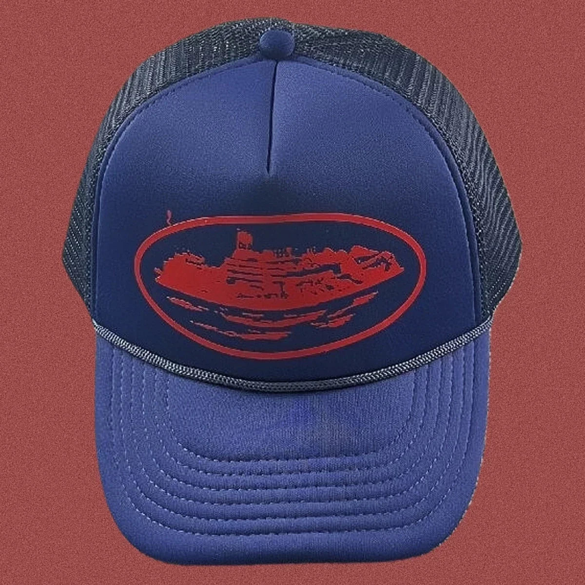 Vintage Blue Trucker Hat with Red Cruise Ship Graphic