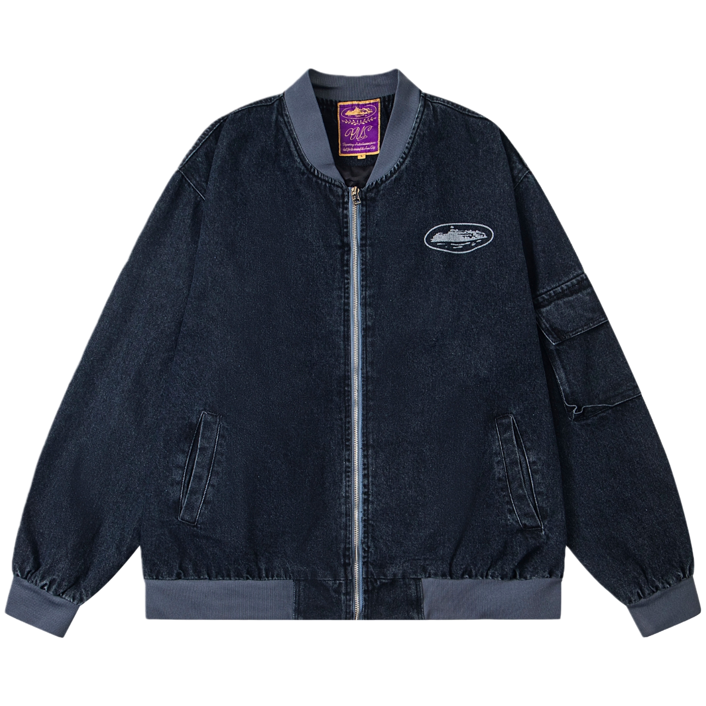Corteiz Guerillaz Island Denim Bomber Jacket Washed Black