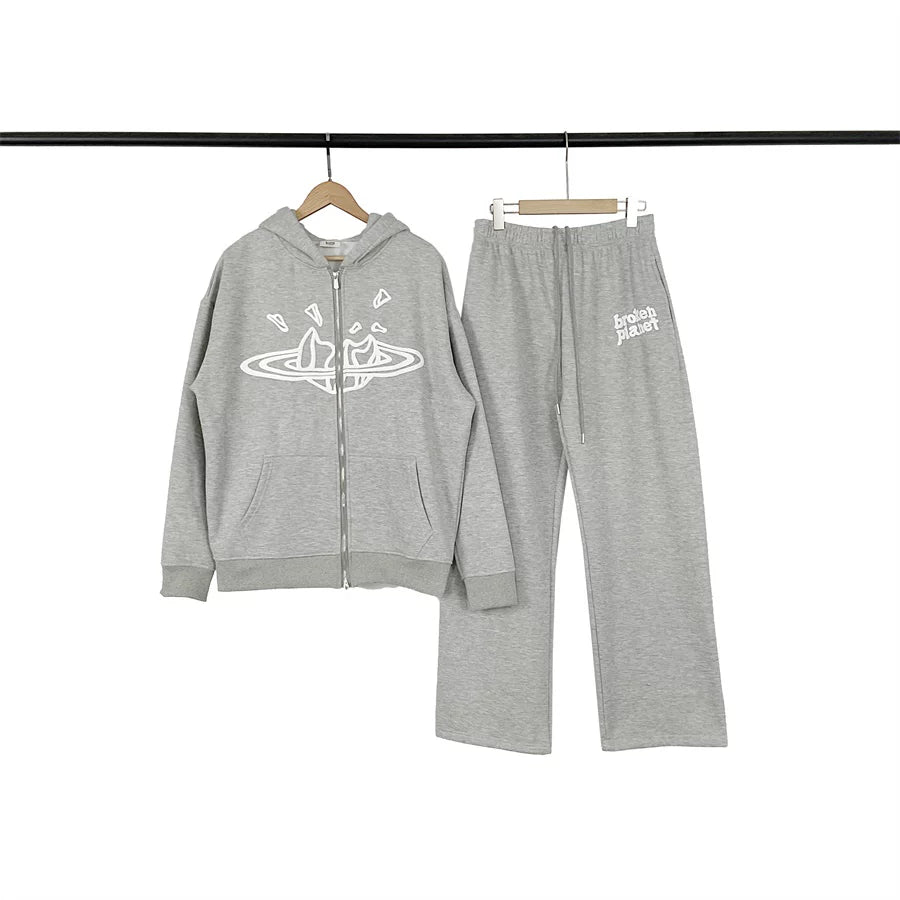 Broken Planet Cracked Planet Grey Zip Hoodie And Sweatpants Set