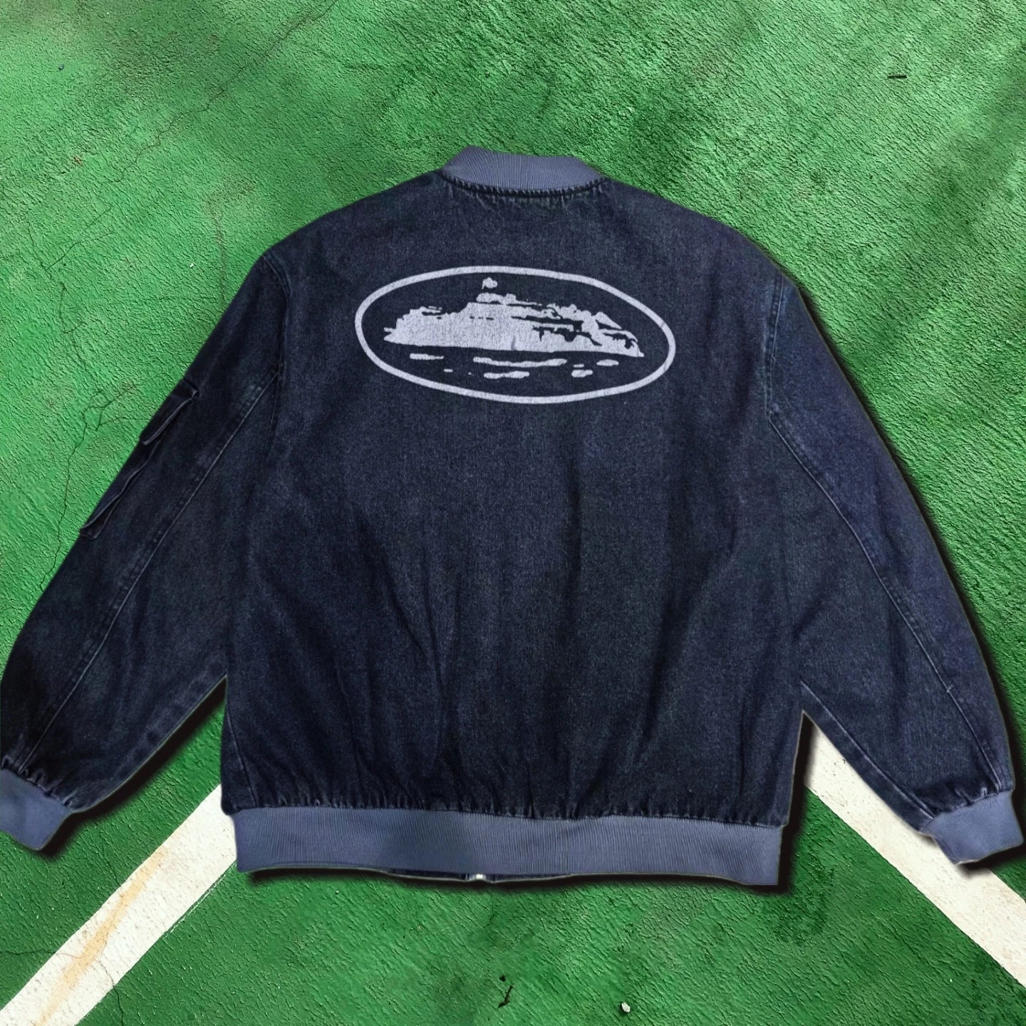 Corteiz Guerillaz Island Denim Bomber Jacket Washed Black