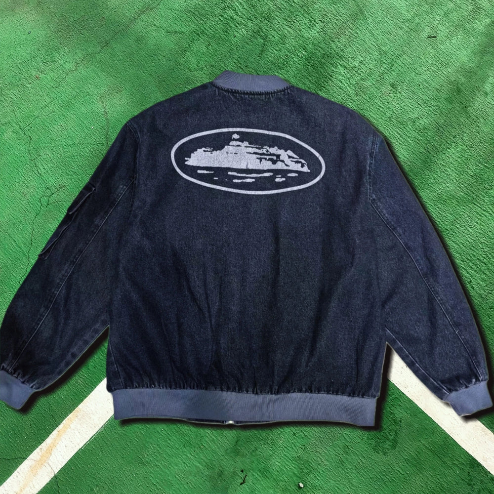 Corteiz Guerillaz Island Denim Bomber Jacket Washed Black