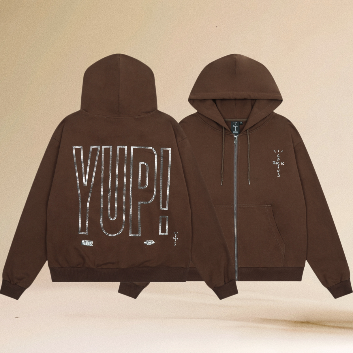 Travis Scott Yup Rhinestone Brown Full Zip Hoodie