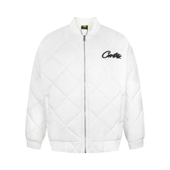 Corteiz Script Logo White Quilted Bomber Jacket