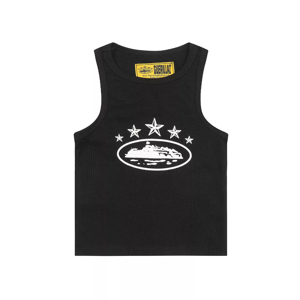 Corteiz Guerillaz Star Island Print Waffle Tank Top Black