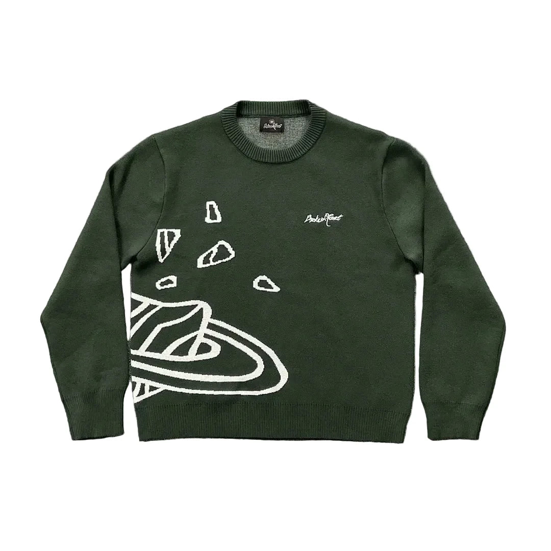 BROKEN PLANET GREEN WHITE OUTLINE CRACKED PLANET CREWNECK KNIT SWEATER