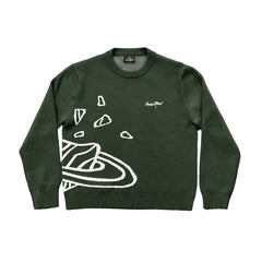 BROKEN PLANET GREEN WHITE OUTLINE CRACKED PLANET CREWNECK KNIT SWEATER