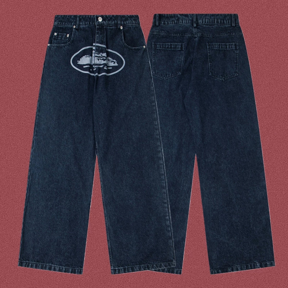 Corteiz Guerillaz Island Print Baggy Denim Jeans Washed Black