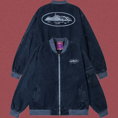 Corteiz Guerillaz Island Denim Bomber Jacket Washed Black