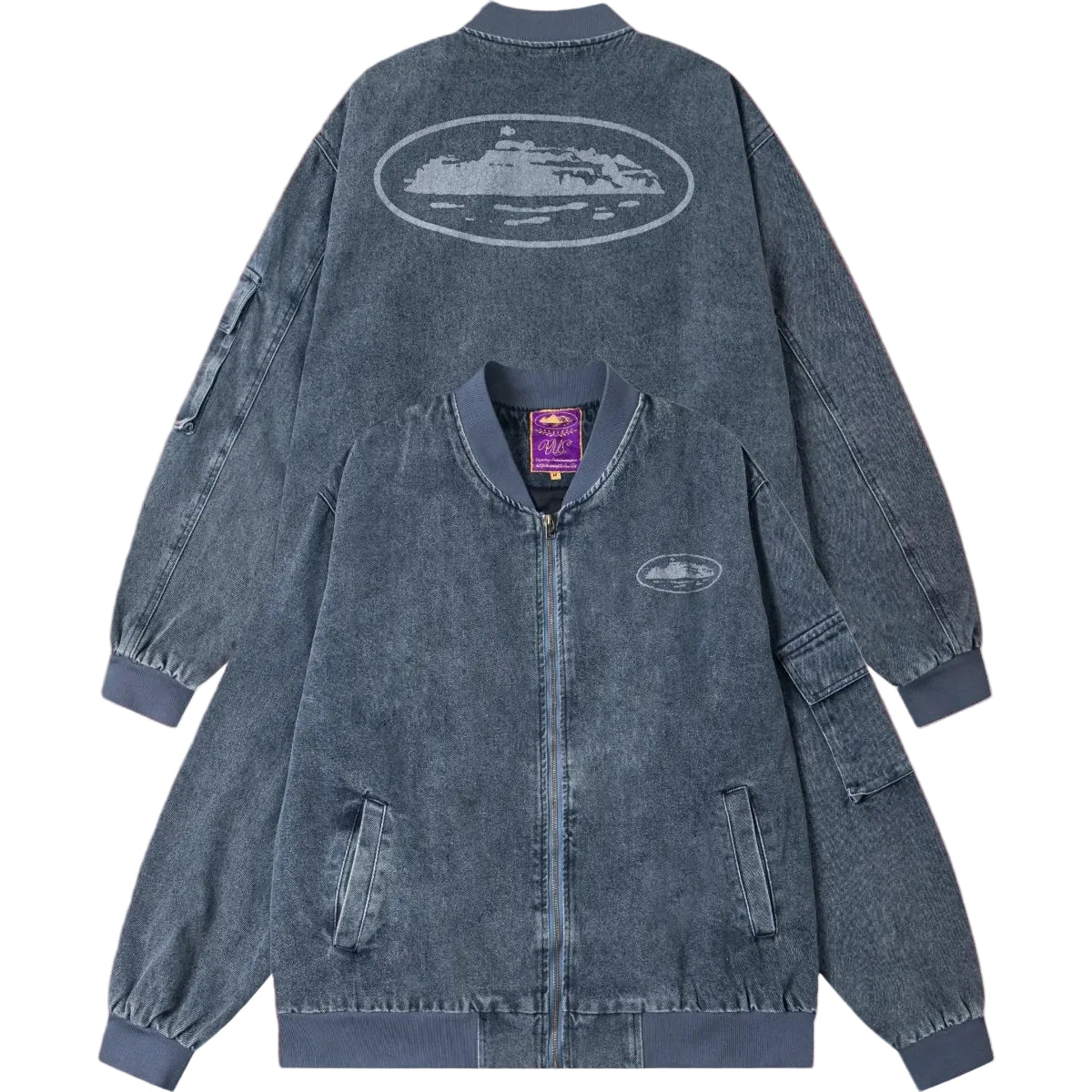Corteiz Guerillaz Island Print Denim Bomber Jacket Washed Blue