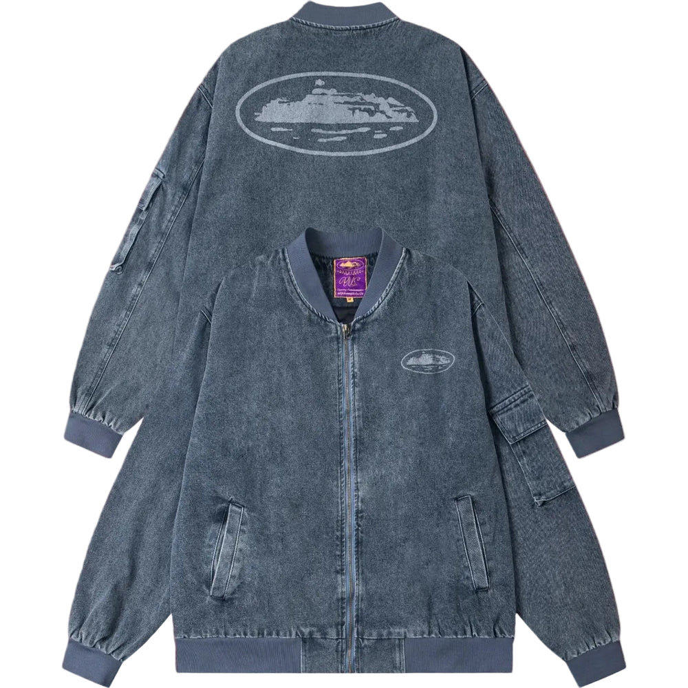 Corteiz Guerillaz Island Print Denim Bomber Jacket Washed Blue
