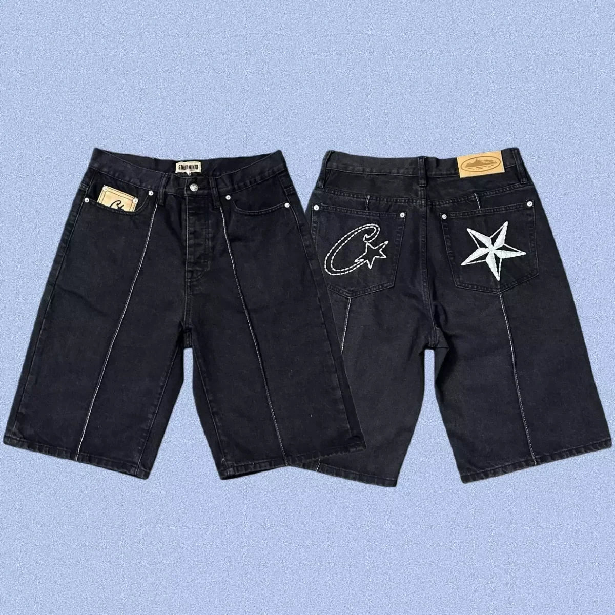Corteiz Back Star Embroidery Heavyweight Denim Shorts Black