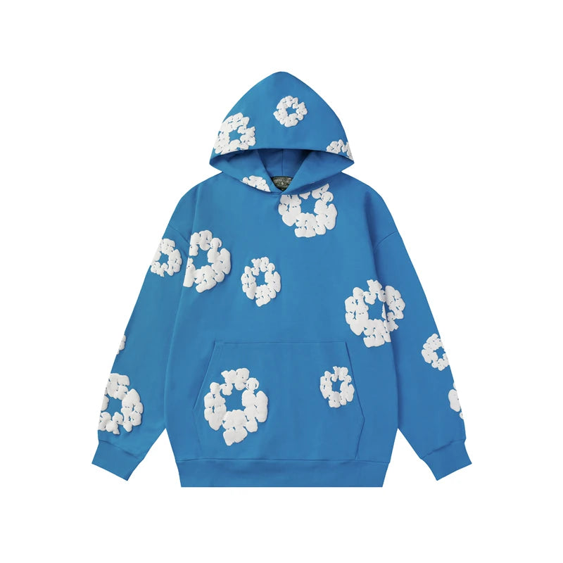 Denim Tears Bright Blue Allover White Cotton Wreath Pullover Hoodie