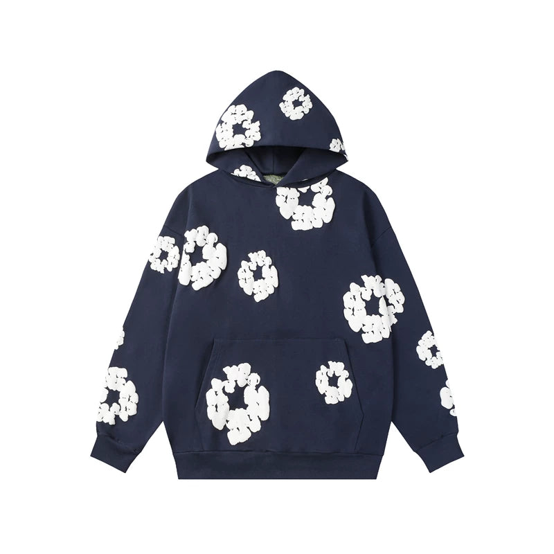Denim Tears Navy Blue Allover White Cotton Wreath Pullover Hoodie