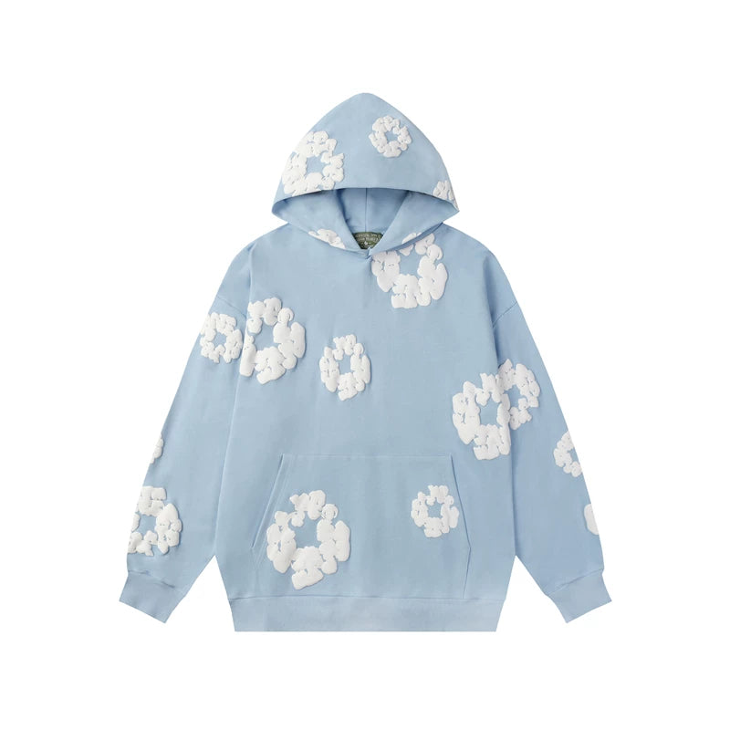 Denim Tears Baby Blue Allover White Cotton Wreath Pullover Hoodie