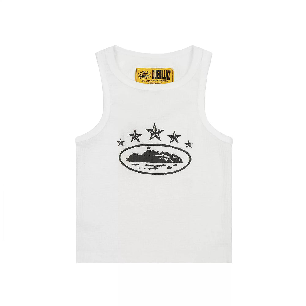 Corteiz Guerillaz Star Island Print Waffle Tank Top White
