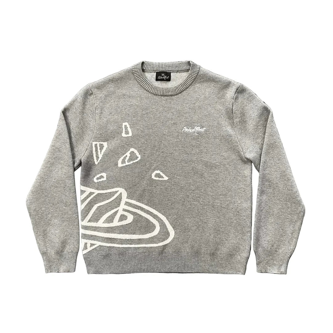 BROKEN PLANET GREY WHITE OUTLINE CRACKED PLANET CREWNECK KNIT SWEATER