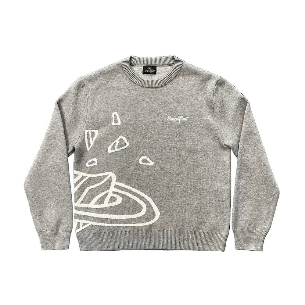 BROKEN PLANET GREY WHITE OUTLINE CRACKED PLANET CREWNECK KNIT SWEATER