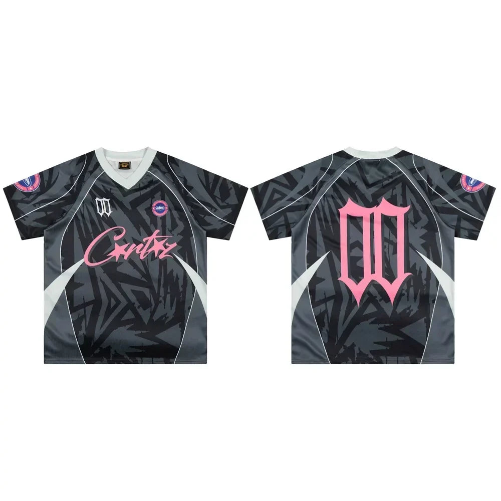 Corteiz Geometric Graphic Athletic Jersey T-Shirt - Black/Grey/Pink