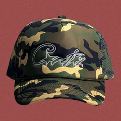 Corteiz Vintage Camo Trucker Hat with Signature Script Logo