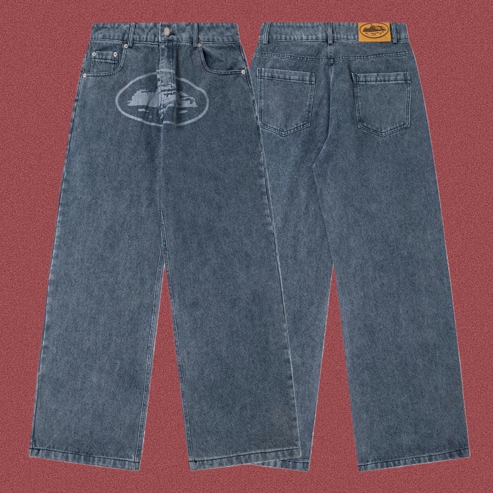 Corteiz Guerillaz Island Print Baggy Denim Jeans Washed Blue