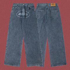Corteiz Guerillaz Island Print Baggy Denim Jeans Washed Blue