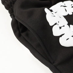Denim Tears Black Cotton Sweat Shorts With White Textured Flower Wreath Print