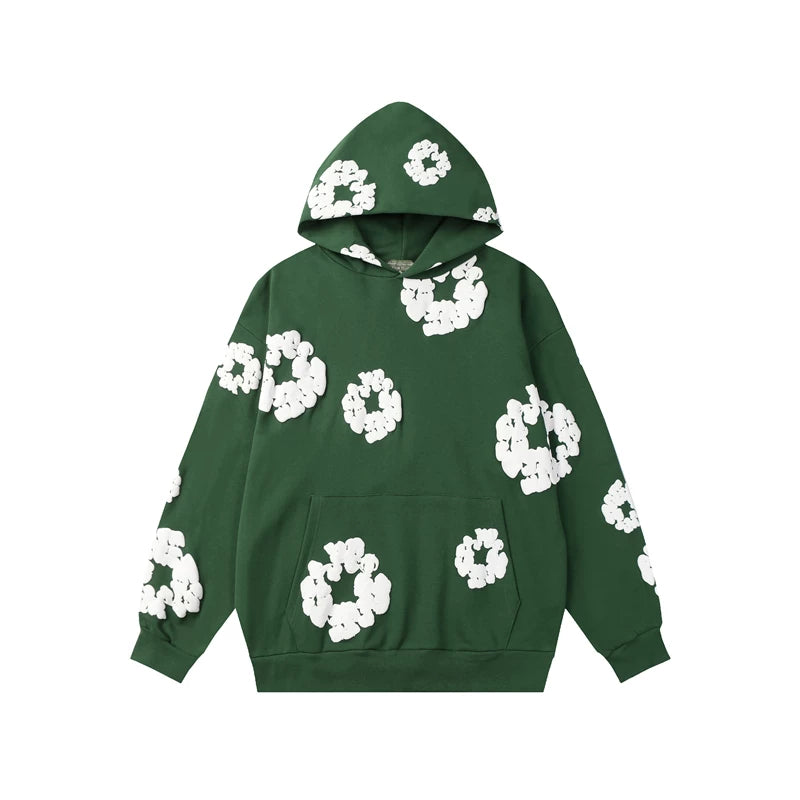 Denim Tears Forest Green Allover White Cotton Wreath Pullover Hoodie