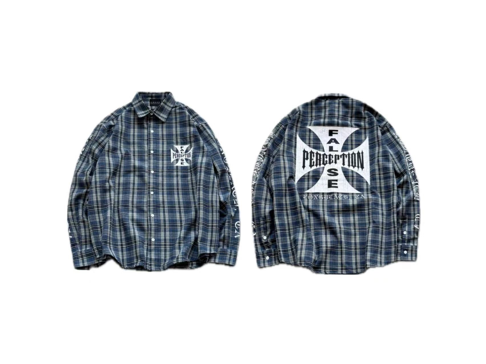 False Perception Cross Logo Printed Washed Plaid Shirt