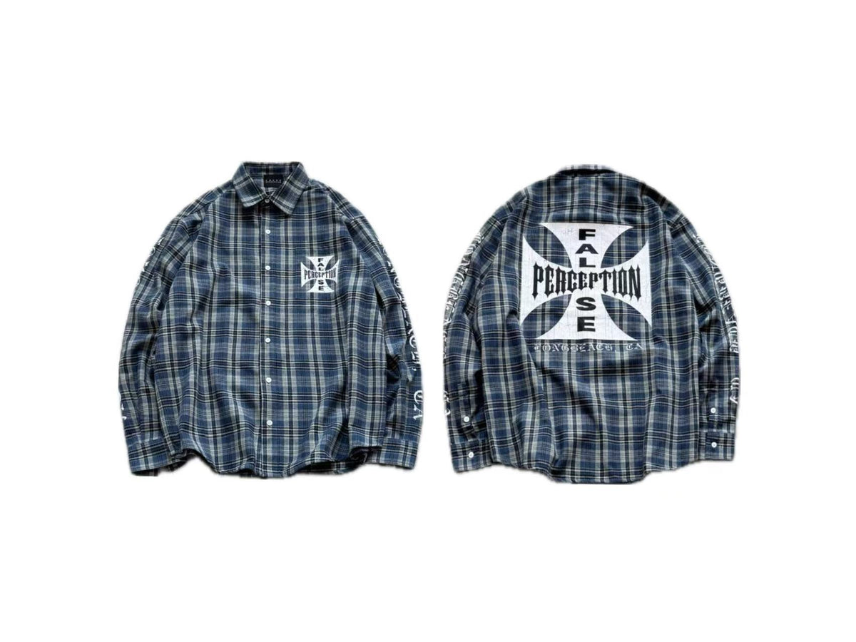 False Perception Cross Logo Printed Washed Plaid Shirt