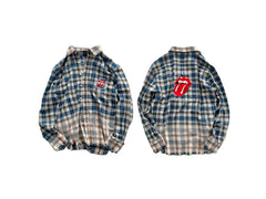 False Perception Tongue Graphic Frayed Hem Plaid Shirt