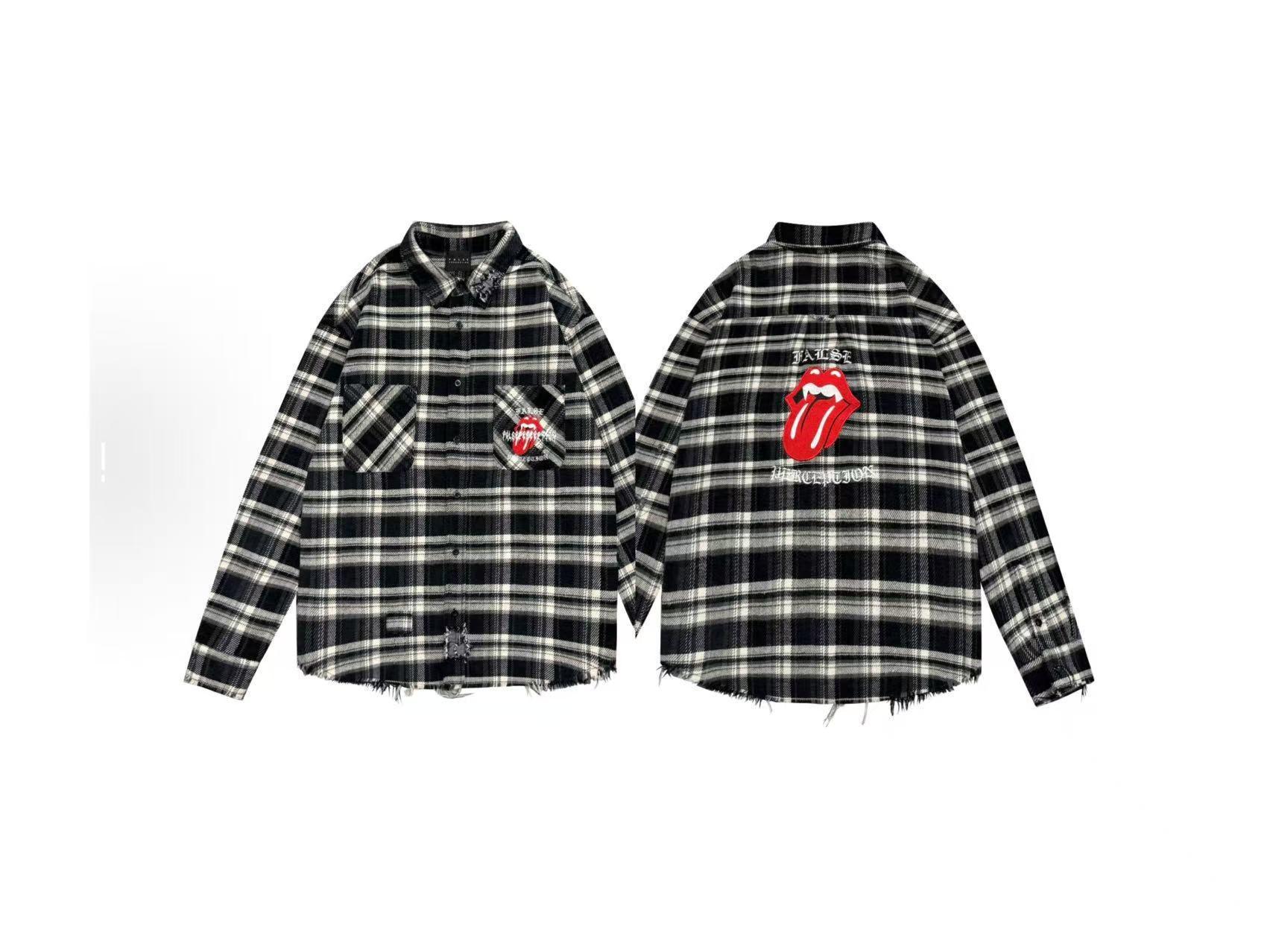 False Perception Tongue Logo Distressed Black Plaid Shirt